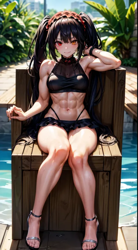 1 girl, bare shoulders, black hair, medium breasts, (muscular legs), (bare legs), white skin, muscular belly, wide hips, thin waist, (((clock eyes))), in the pool with the hot sun , (((sitting on the chair with her legs wide open))), full body, hair band, ...