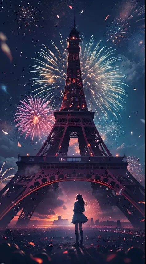 (filmposter)，wide wide shot，Expansive night sky，new year，(A grand fireworks display)，(Girl silhouette texture clear)，(double exposure effect)，vivd coloong exposure technology)，creative composition，artsy photography，hight contrast，soft focus，vague backgroun...