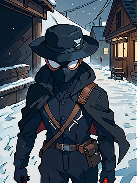 Spider-Man Noir, black catsuit, Pilots uniform of the First World War, Pilots Points, black mask, Detectives Cloak, Black Detective Hat, (wide brim hat), White eyes, Spider-Man X, 1800s, the night, winter, snowing, snowingflakes, snowingy, Christmas, black...