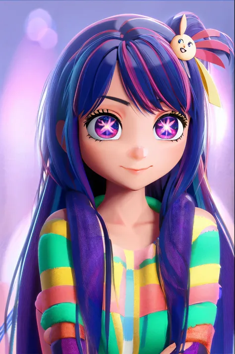 Hoshino Ai, long hair, purple hair, streaked hair, purple eyes, star-shaped pupils, hair ornament, 3D_Pixar_style on an netrual greenscreen