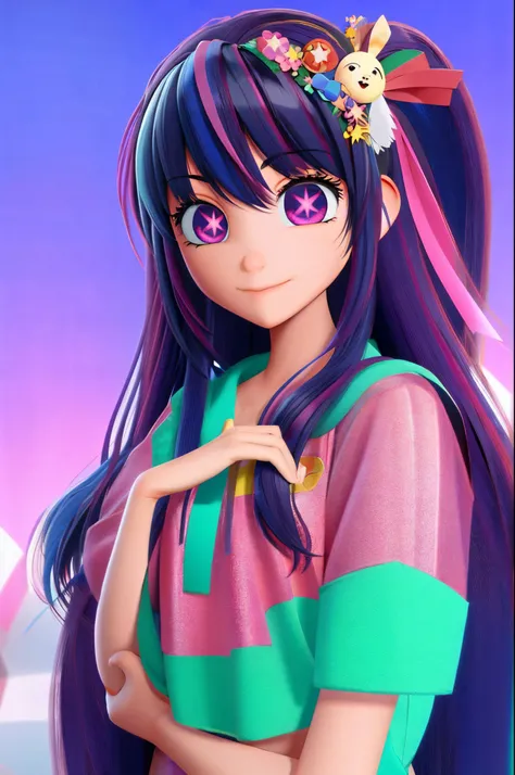 Hoshino Ai, long hair, purple hair, streaked hair, purple eyes, star-shaped pupils, hair ornament, 3D_Pixar_style on an netrual greenscreen