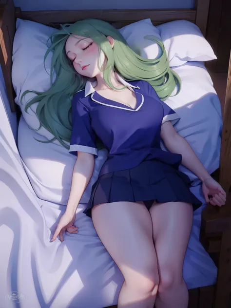 (8k, best quality, tmasterpiece:1.2),(eye detailed),(Facial features),((Clothes detail details)),(1 girl:1.3),17 years old,solo,full body,long wave hair,  (safe for work1.0), 1girl, blushing body,, large nose, long green hair, shiny hair,(eyes closed:1.3),...