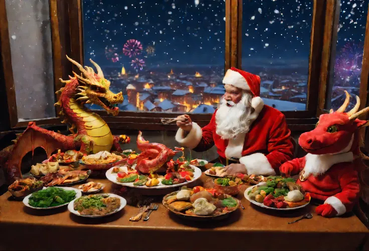 New Years table with New Years food, Santa Claus and the Dragon are sitting and eating at the table, celebrating the New Year, snow and fireworks are visible in the window, New Years celebration, feast