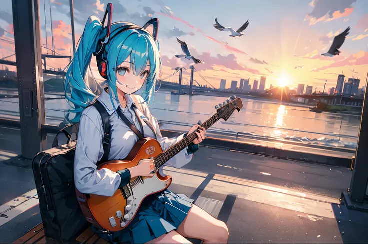 Indigo twin ponytails，Hatsune Future Girl，Wear a uniform，Headsets，Playing the guitar and singing，Sit by the bridge，Joyful smiles，seagulls，the setting sun，evening light，and city