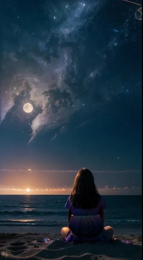 expansive landscape photograph, (a view from below showing the sky above and the beach below), a girl sitting on the beach sand, looking up, (full moon:1.2), (shooting stars:0.9), (nebula :1.3) , colorful details, (iridescent colors:1.2), (bright lighting,...