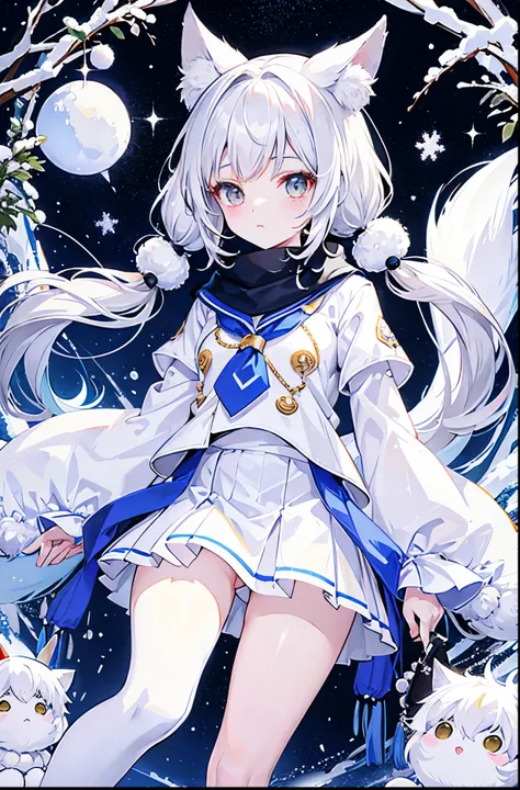 Snowball twintails，White skin of the，With silver necklace，Over-the-knee white socks，Snowy fox ears，Snow white fox tail，JK Uniform