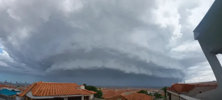 fluffy cloud over a city with a red roof and blue sky, Directed by: Nandor Soldier, Nuvens intimidadoras, Tempestade chegando, tempestade ao fundo, cumulonimbus, cloud in the shape of a dragon, grandes nuvens de tempestade, durante uma tempestade, Directed...