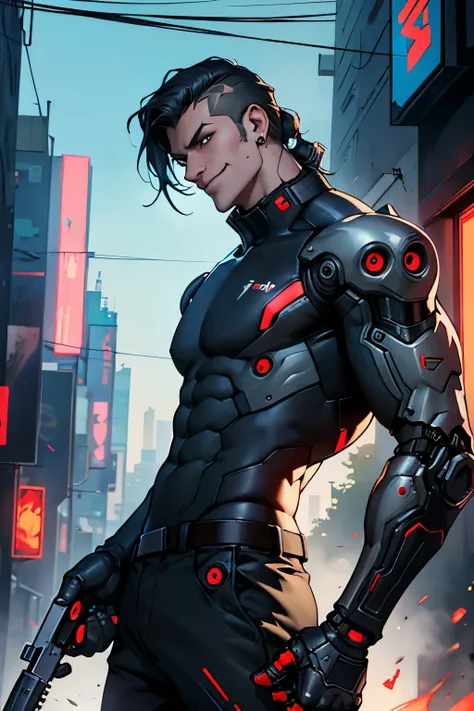 Homem cyberpunk, with robotic parts, with a gun for one hand, he is tall and thin with a menacing smile, ele tem o rosto with robotic parts e está de frente