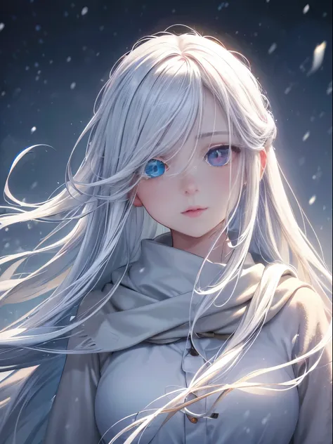 Girl with long white hair, open forehead, (heterochromia eyes), two colours eyes, office suite, the night, winter, snowing, snowingflakes, snowingy, Christmas, Masterpiece, Best Quality, (hight resolution) (Original) , (very detailed wallpaper) , very nice...