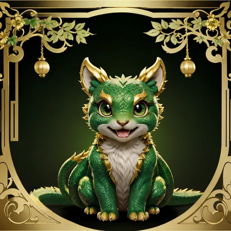 Green dragon animal, cute, happy, gold, asian style