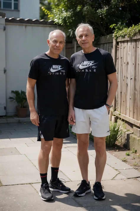 Photograph two men, one 65 years old 2,05 m tall the other 1,60 m 30 Jahre alt mit nike t-shirt und einen Hund im Hintergrund