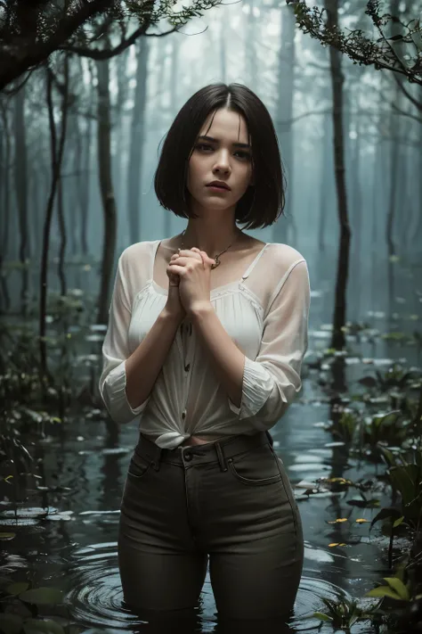 "(Best Quality,hight resolution:1.2),The woman,Expressive wrinkles,Bob haircut,Jeans,blouse,thicket,woods,(drowning in a swamp:1.3),thriller,dread,compulsion,Detailed eyes and face,elongated,expression of despair,Dark and moody lighting,Wrestling Hands,omi...