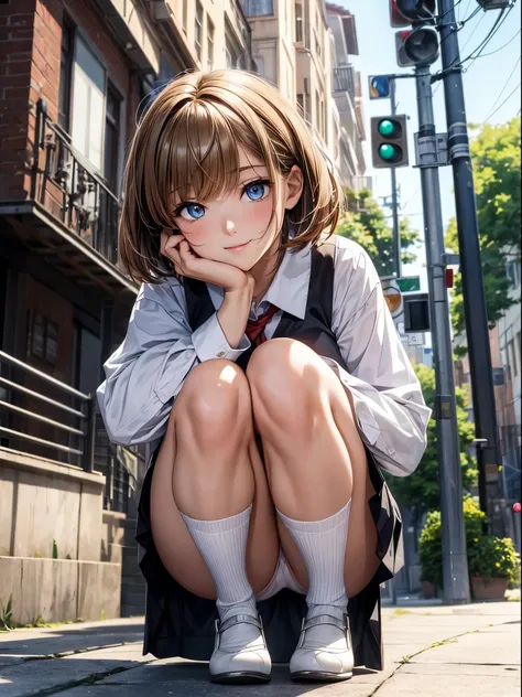 ((masterpiece)), ((best quality)), (ultra-detailed), ((extremely detailed)), 4K, (8K), best quality, (beautiful), anime style, full body, focus on the face, full body focus, from below, Sidewalk, a cute girl, 1girl, solo, school girl uniform, (squatting, w...