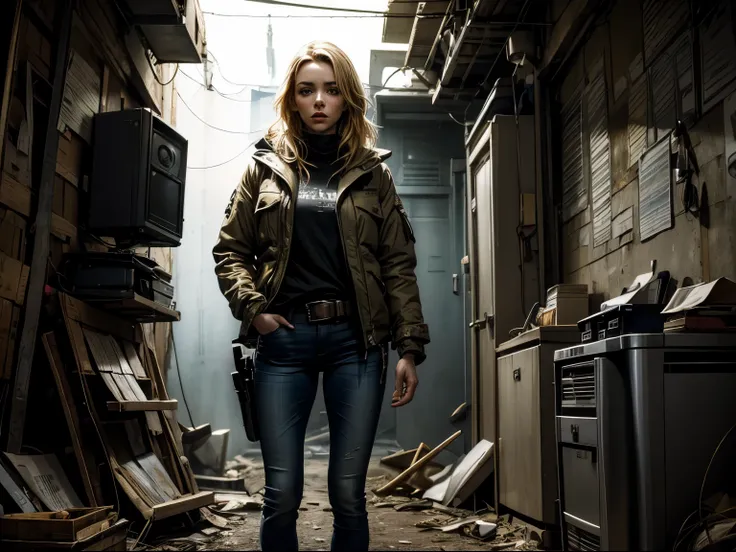 Photorealistic, book cover mockup, dramatic lighting, close-up of Jodie Comer on right hand side, goretex jacket, t-shirt and jeans, keffiyeh, belt with knife sheath, messy blonde hair, frightened expression, derelict underground Cold War bunker, computer ...