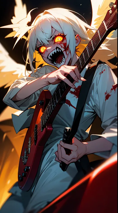 Evil, Scary, uneasy, Bloody, angelic horror, sharpteeth, Glowing yellow eyes, Blood from the mouth,playing guitar on stage