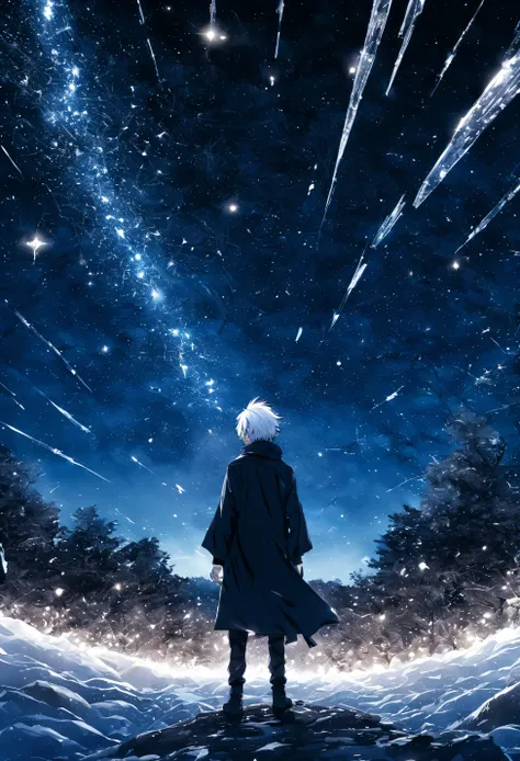 Japanese anime, Boy, Alone, silver white hair, white glass debris, Crystallization, nigh sky, winter night, Starry sky, Crossroads of Shooting Stars, Solo, Silence, rendered, Best Quality, masutepiece, Full body, Particle Light Effect, rendered