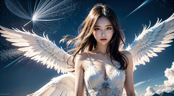 tmasterpiece, (Best quality:1.2), [:Complicated details:0.2], 1 girl, , Angelic, Angelic wings, White frills, (Daytime sky), A flashing halo, intense concentration, Burst energy, mystic symbols, shimmering particles,