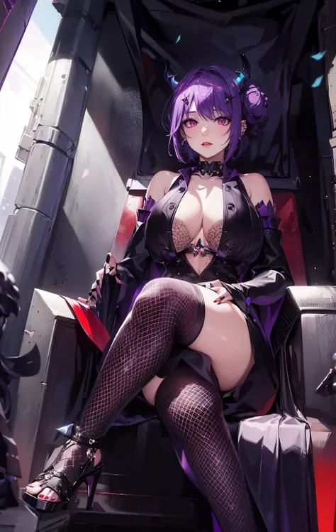 Body is extremely normal,close up,The world of dreams,Dragon Queen, Purple black super short bun,head chain jewelry,(ear studs,Redlip),A pair of dragon horns,A pair of huge broken dragon wings,Armored tights,Sit on the throne,humanoid creature, (Volcano th...