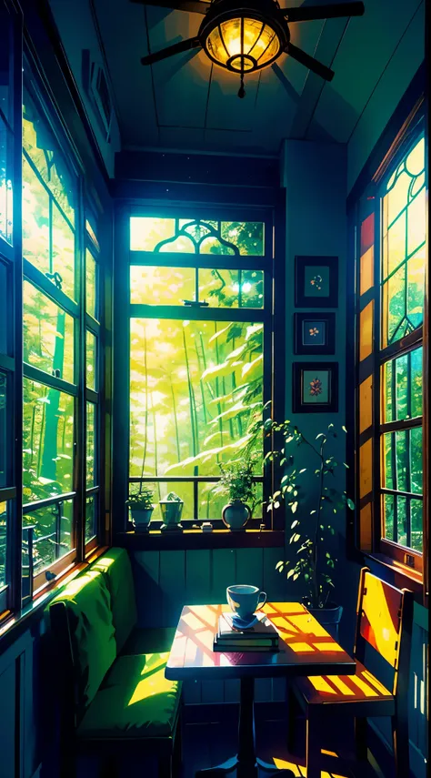 Cozy room, table, bed, many books, paintings, view from the window of the forest, sea, happiness, full color, multicolored, artificial, highest detail, super quality, small details, glare, neon lights, masterpiece, illustration, daylight, huge room, huge w...