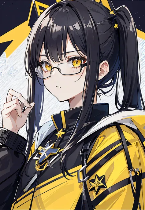 Dark yellow twin ponytails，Star decoration，Meteor decoration，With black glasses，There is a deceptive look in the eyes，Girl but very handsome，There is a sense of contempt in his eyes，黑黄的冲锋衣有着Star decoration