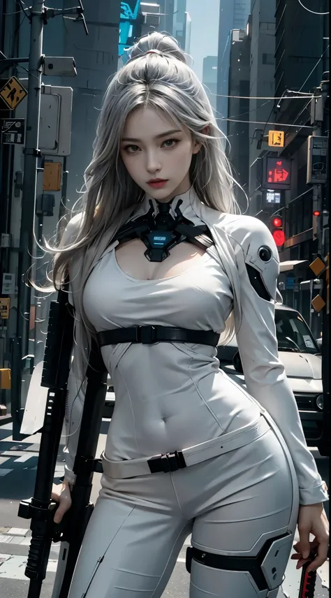 photorealistic, high resolution, soft light,1women, solo, hips up, (detailed face), white long hair, cybersamurai, cyborg at leg and arm, naked body, small breast, cyberpunk, holding weapon,glowing,gun, sniper, on the street