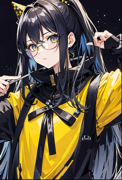 Dark yellow twin ponytails，Hair appears as a whole，But there is a sense of black attachment，Star decoration，Meteor decoration，With black glasses，There is a deceptive look in the eyes，Girl but very handsome，There is a sense of contempt in his eyes，黑黄的冲锋衣有着S...