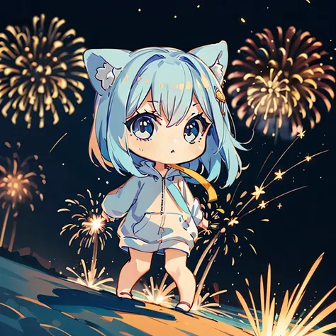 Chibi:1.8, (((1boy))), blue hair and blue cat ears, with blue hoodie, Blowing in the wind, Summer Festivals, natta, food stand, Spirit Stream, Big Fireworks:1.7, Fireworks in the night sky:1.8, ,dutch angle shot,ground-level shot,low angle,full body shot,l...