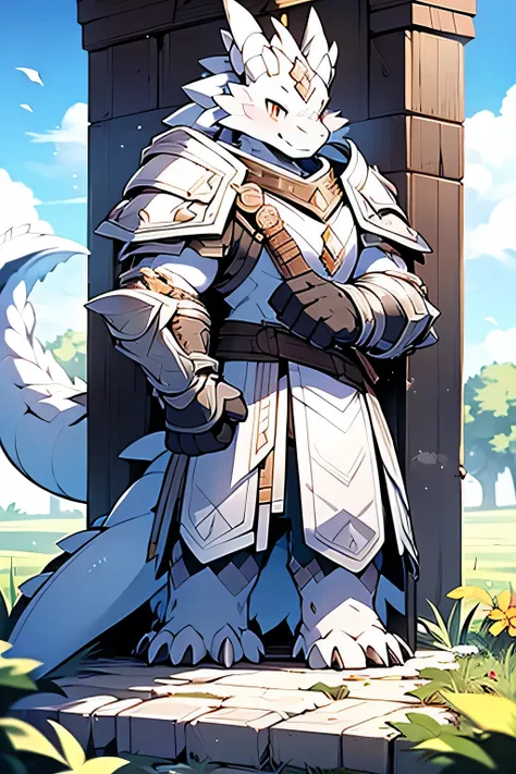 one male，Strong body type，Wearing silver-white heavy armor all over，White oriental dragon，The tail is not thick，gold eyes，There are two brown horns on the head，Hard and handsome，Full of majesty，Sunny and cheerful，holy paladin，Hold the holy sword in your ha...