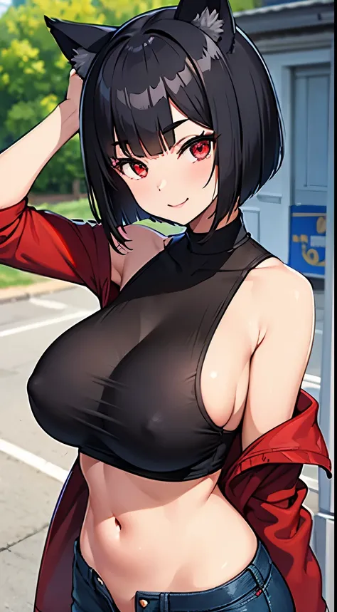 Woman with black hair bob cut, amazing big tits and cat ears, a smile, red eyes and eyebrows, Glossy skin, Sunny coast, cropped shirt and hot pants, Navel Ejection, pet-bottle, A big perspective