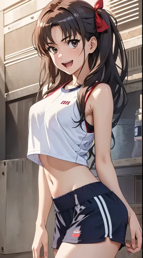 1womanl,black hair,14 year old beautiful breasts,(((sexy white and blue shiny gym clothes and short cheeks、smile with open mouth...