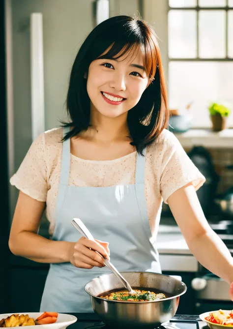 Japanese young mature housewife cooking, Cute double teeth, soft smiling, photo taken with sony a7r, Cute and seductive smile, Friendly and seductive smile, playful grin