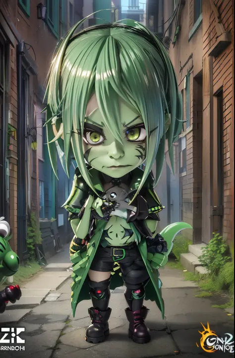 anime character with green hair and green eyes standing in a alley, chibi monster girl, highly detailed character, style as nend...