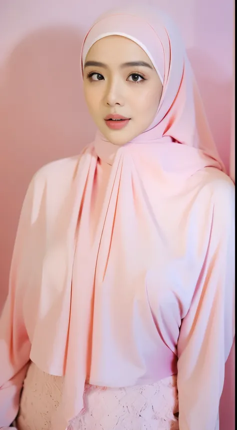 1 malay girl , modern plain hijab,  shy, medium portrait shot , watery  eyes , pink glowing particles, wear pastel pink lingerie,(( big breast)), pink light bokeh background, proportional body,