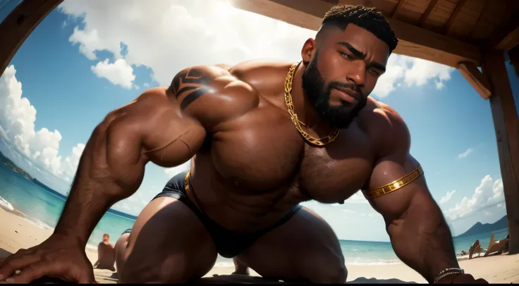 Giant 18 years old black man, absurdly huge bulge, giant growing more and more, giantic, colossal, muscle domination, macrophilia, sexy, briefs, stubble, broad shoulders, thick lips, vascular, ((very dark skin)), (black skin), very sweaty, huge belly, thic...