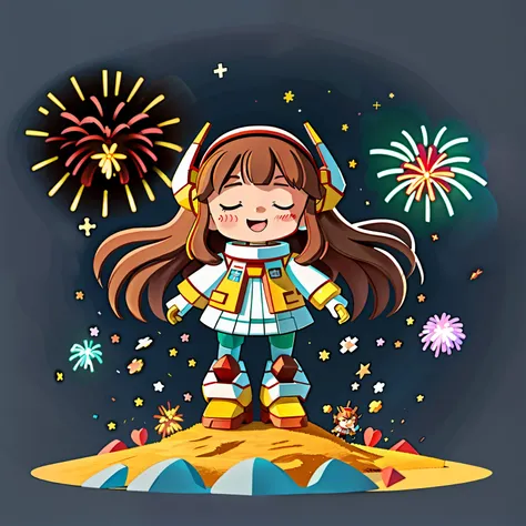 Girl with long brown hair，Put on the Gundam Robot Suit，holding love（holy love）（firework）放firework，（There is love）Happy，Surrounded by love，Surrounded by love，O sign，vector，line art，designs，inspiration，straight line，RHAD