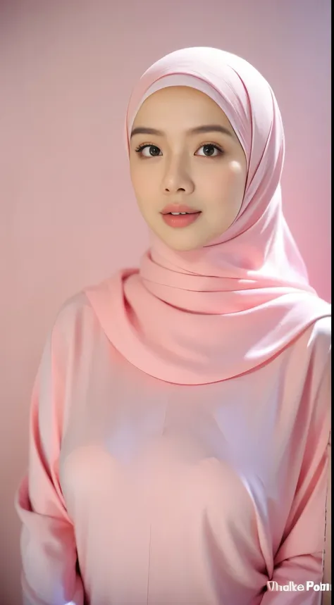 1 malay girl , modern plain hijab,  shy, medium portrait shot , watery  eyes , pink glowing particles, wear pastel pink lingerie,(( big breast)), pink light bokeh background, proportional body,