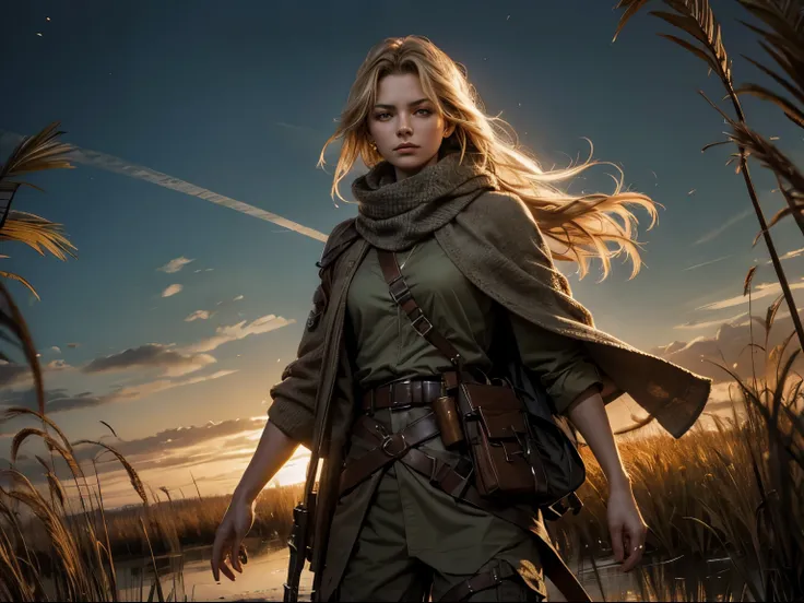 Photorealistic, book cover mockup, dramatic lighting, close-up of Sorcha Groundsell on right hand side, scruffy camouflage poncho and trousers, keffiyeh, belt with gun holster, long braided blonde hair, fierce expression, flooded marshes, reed beds with bu...