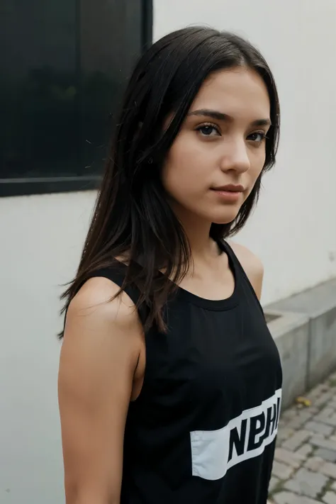 A happy, straight-haired girl with black eyes and black hair, wearing sporty clothes, photographed in front of a wall with graphics. She is standing, has light makeup, and is in the age range of 18-23.