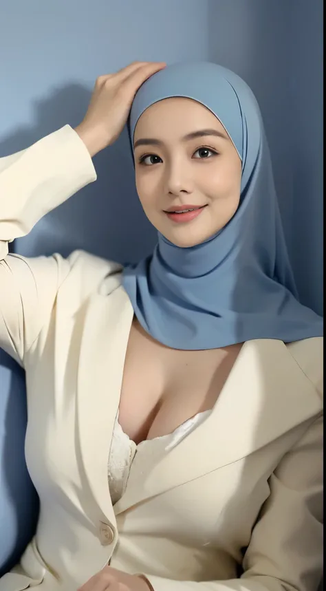 (64k, RAW photo, best quality, masterpiecel1.4), (realistic, photo-realistic:1.37), extremely detailed beautiful japanese muslim woman, extra detailed ray light, (lightinedium-breasted:1.2), ((erectnipples)), (((unbutton blue blouses revealing a flesh-colo...