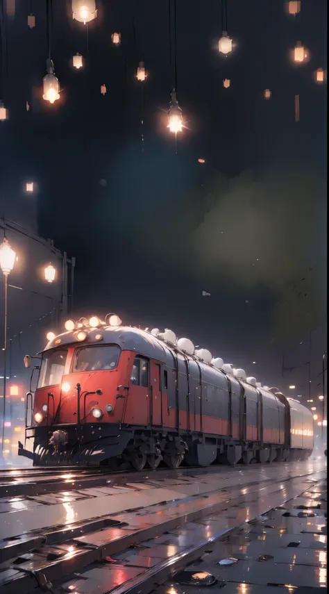 dark night, dark theme, heavy snowing, platform, red train, (masterpiece),((ultra-detailed)), (highly detailed CG illustration),(expressionlesest quality:1.2), High quality texture, intricate details, detailed texture, High quality shadow, Cinematic Light,...