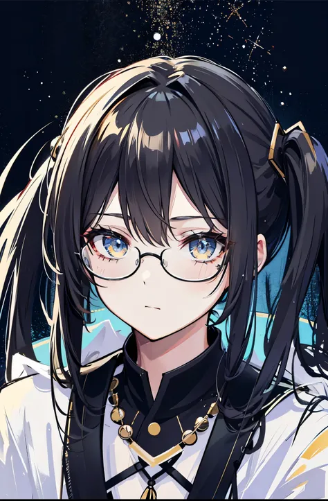 Dark yellow twin ponytails，Hair appears as a whole，But there is a sense of black attachment，Star decoration，Meteor decoration，With black glasses，There is a deceptive look in the eyes，Girl but very handsome，There is a sense of contempt in his eyes，黑黄的冲锋衣有着S...