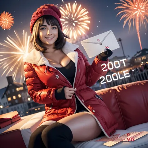 (text "2024" in flaming letters:1.5),Isabela Merced, smiling, (big breasts), bob_cut hair, cleavage, red jacket, black knee_high socks, snow, mittens, wool hat, celebrating New_Years_Eve, fireworks, norway,(skin texture:1.1) , (high detail face:1.1), high ...