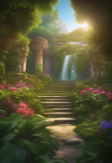 Visual representation of a heavenly paradise, with lush gardens and an atmosphere of eternal harmony, 8k