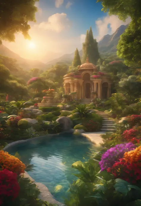 Visual representation of a heavenly paradise, with lush gardens and an atmosphere of eternal harmony, 8k