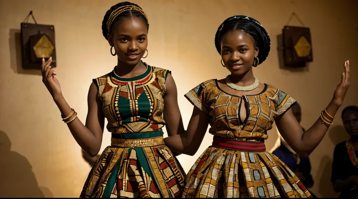 ultra-realistic photograph of african villagers dancing in communion, they are wearing traditional attire with beautiful pattern...