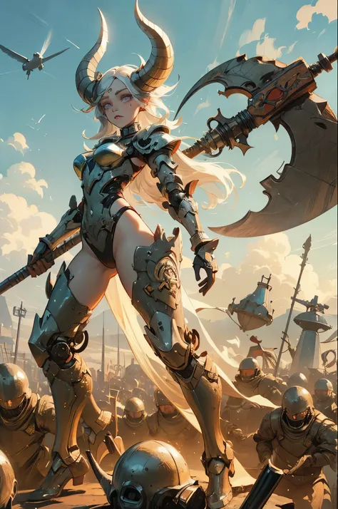 (Detailed illustrations,Very detailed and detailed drawing,Delicate lines with slow and rapid,Realistic texture expression),[Color tressed main line],(Fantasy World Battlefield Background [Burning castle]),(GIRL ROBOT 15yo (White Devil [METALFACE] (SKINNY)...