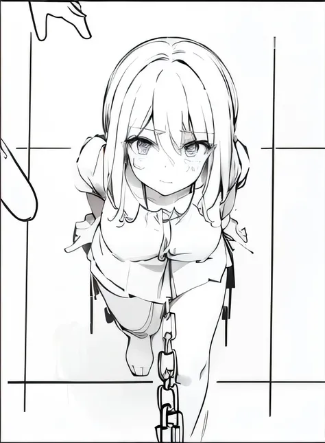 shot from above、monotone、high detal、edge detection、Sharpness、hight contrast、to emphasize、A beautiful young girl、a small face、a small face、 a skirt、Edge lights、电影灯光、ultra-wide-angle、prison clothes 、chain、Clothes are torn、middling