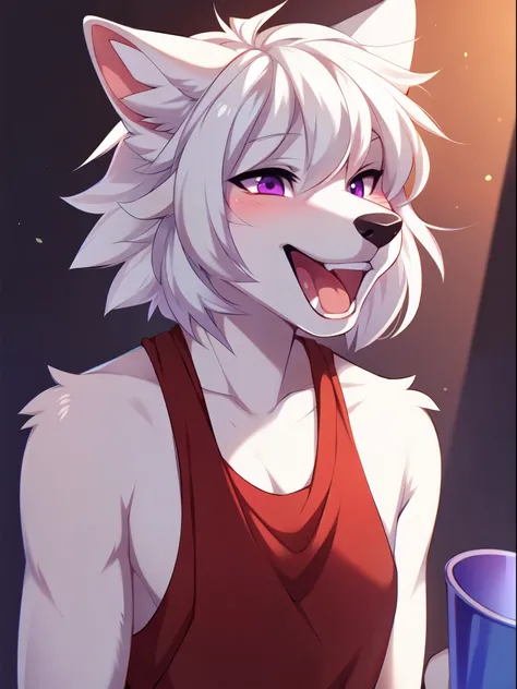 Solo, all white wolf boy, short white hair, bangs covering one eye, feminine, purple eyes, white wolf ears, cute snout, black nose, wearing black tank top, laughing, smiling, squinting, blushing, holding a red solo cup with both hands, standing, upper body...