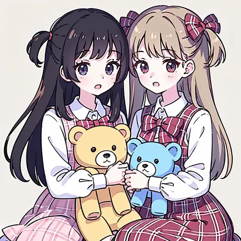 an anime-style illustration of two schoolgirls holding teddy bears. The girls should have long hair and wear white blouses with large bows and plaid skirts. The teddy bears should be light brown and look cute. The background should be a light pink color. A...