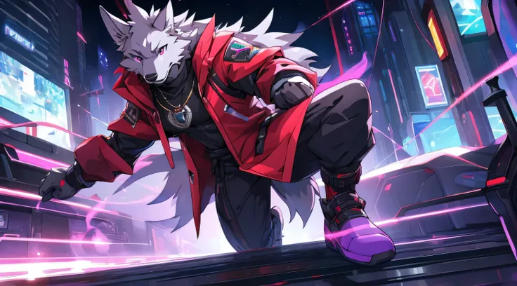 (((one male individual))), Purple right eye, Red left eye, Furry, 8K High Definition, Very detailed, super masutepiece, Best Quality, super detailed, Correct anatomy, anthropomorphic, wolf, Background: Future City, (king), wearing a purple and red jacket, ...